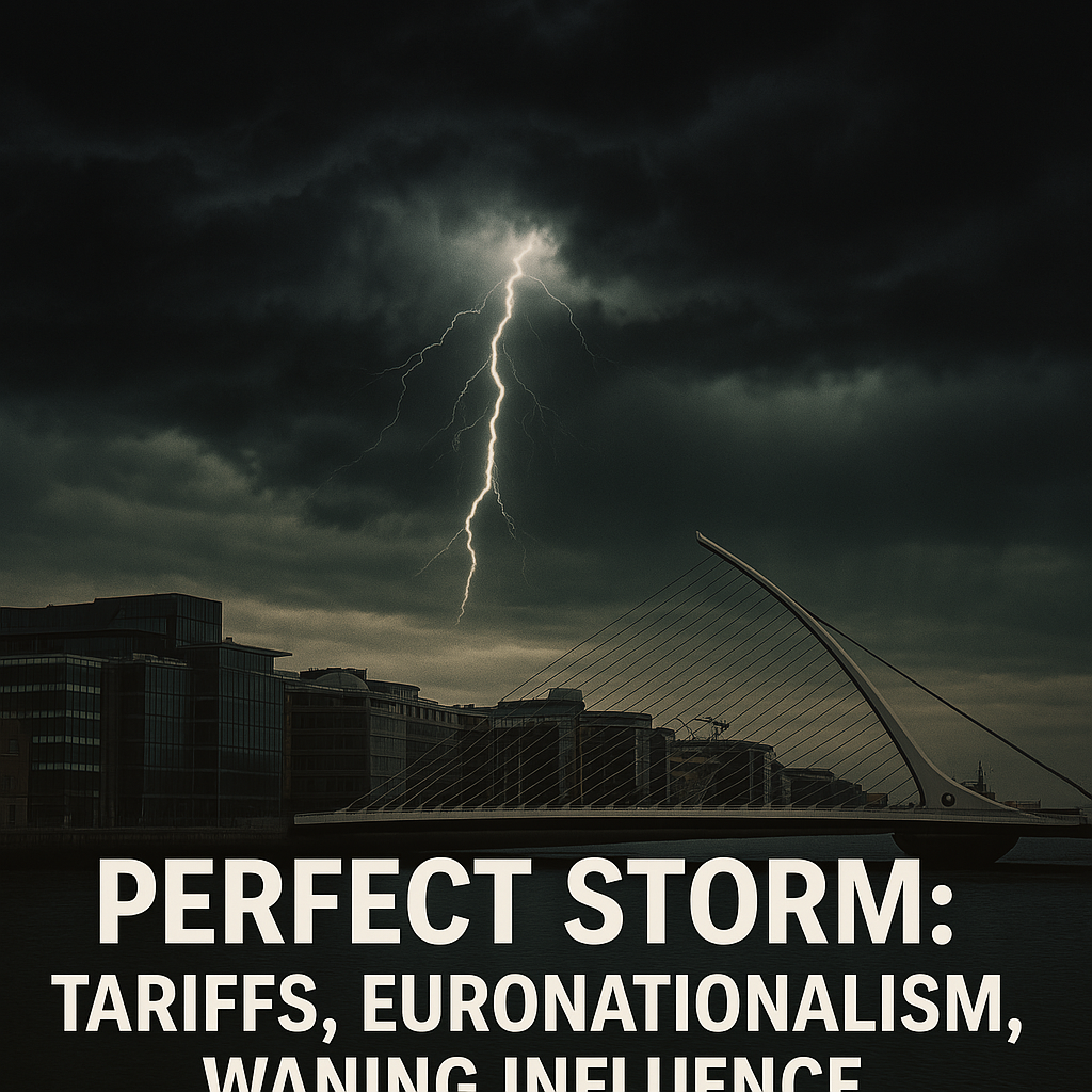 Storm clouds gathering over Dublin's Grand Canal Dock area, symbolizing multiple economic threats.