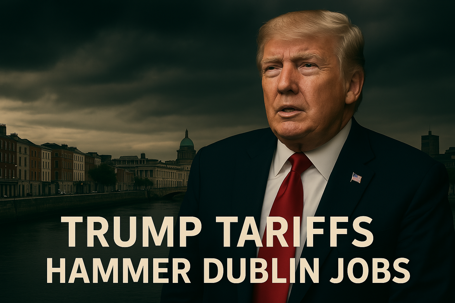 Donald Trump superimposed over a Dublin skyline, symbolizing the direct impact of US policy.